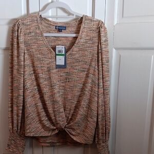 Democracy V-Neck Knit Blouse - Tan and Cream